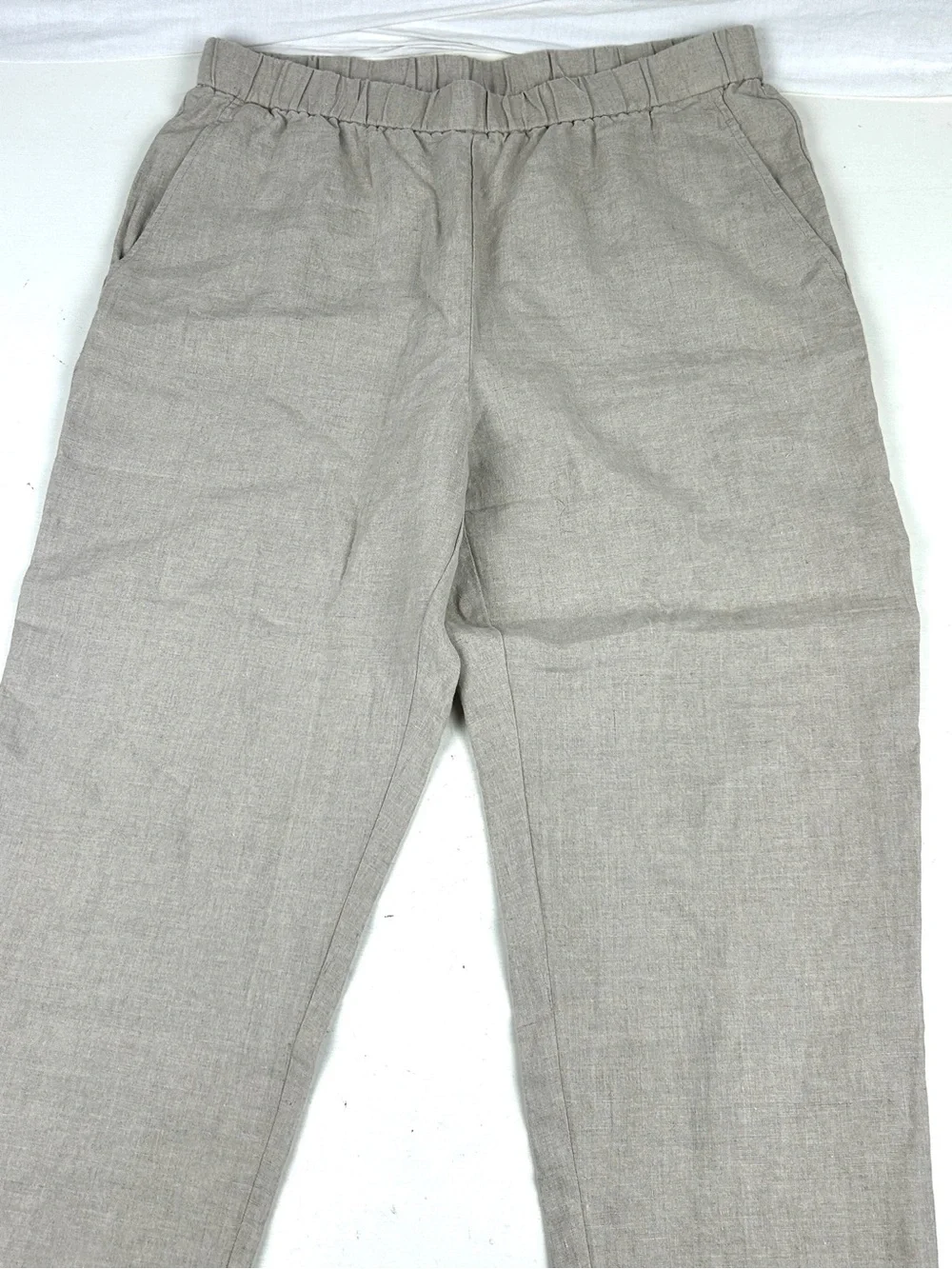 Eileen Fisher Womens Sz PL 100% Organic Linen Beige Pants Elastic Waist Tapered